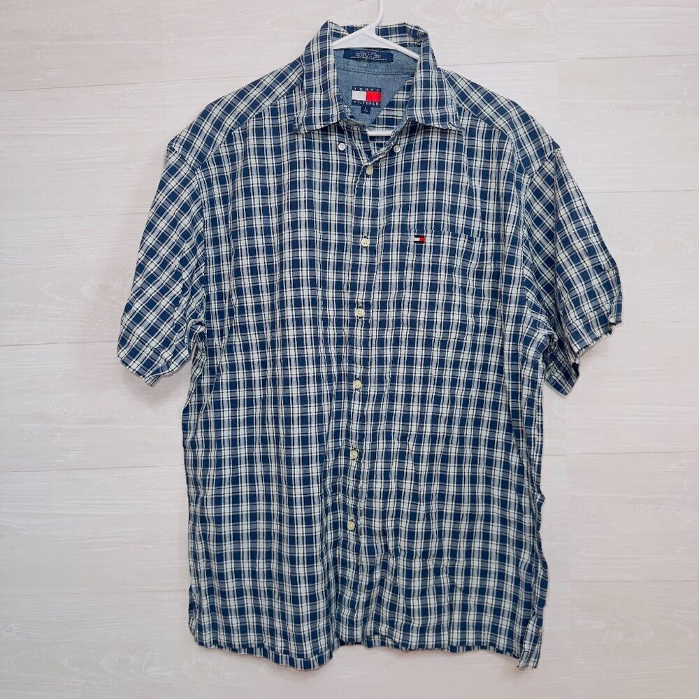 Tommy Hilfiger Men's Short Sleeve Blue Plaid Casual Cotton Button Up Shirt